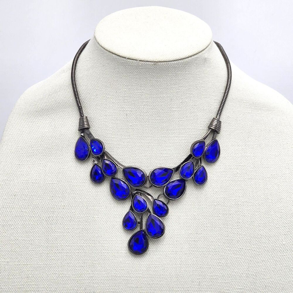 BaubleBar Vintage Teardrop Sapphire Blue Bib Statement Necklace 18" Pewter Chain